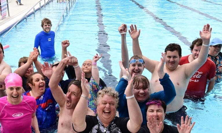 Group having fun at pool party