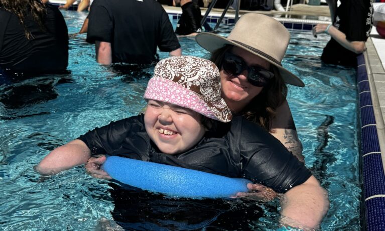 Jasmine-Thompson-Lehmann-and-Leanne-Hill-loving-the-accessible-Olympic-pool