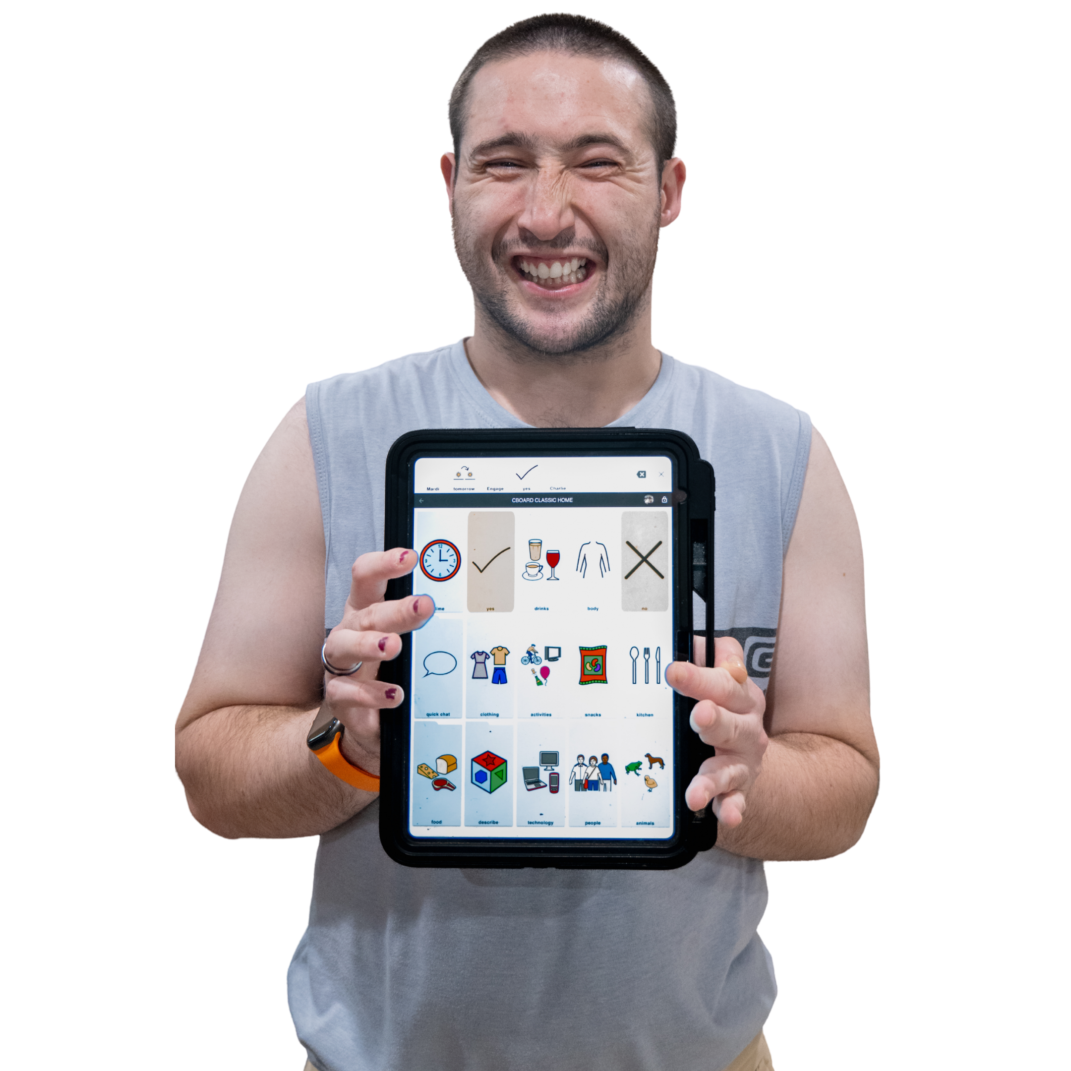 Client holding an ipad AAC